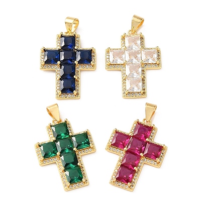 Brass Pave Cubic Zirconia Pendants, Square Cross Charms, Cadmium Free & Lead Free, Rack Plating, Long-Lasting Plated, Real 18K Gold Plated