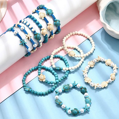 12шт. 12 стили окрашенные синтетические бирюзовые бусины плетеные браслеты из бисера и эластичные браслеты для женщин, с регулируемой нейлоновой нитью, морская звезда и морская черепаха