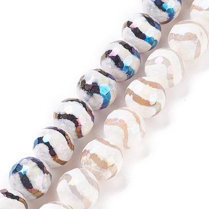 Electroplate Tibetan Style Striped dZi Beads, Natural Agate Beads Strands, Round, Faceted