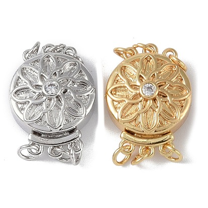 Покрытие стойки латунь микро паве прозрачный кубический цирконий застежки коробки, 3 нитей, 6-луночное, плоские круглые с цветочным узором