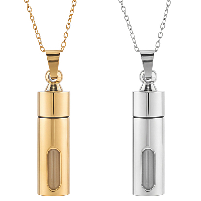2Pcs 304 Stainless Steel Perfume Bottle Pendants, Column Bottle Charms, with 2Pcs 304 Stainless Steel Cable Chain Necklaces
