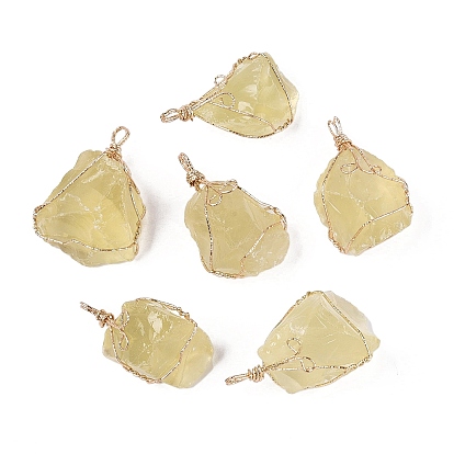 Большие подвески из необработанного натурального желтого кварца (нагретого)., самородки прелести, с обмоткой из светло-золотистой железной проволоки