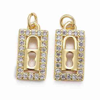 Brass Micro Pave Clear Cubic Zirconia Pendants, Long-Lasting Plated, Rectangle with Lock