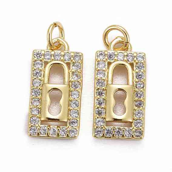 Brass Micro Pave Clear Cubic Zirconia Pendants, Long-Lasting Plated, Rectangle with Lock
