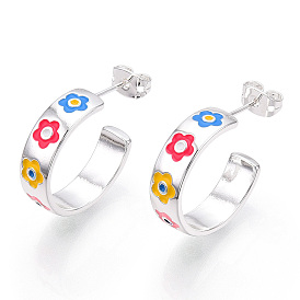 Colorful Enamel Flower Stud Earrings, Half Hoop Earrings for Women, Nickel Free