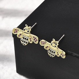 Серьги-гвоздики из латуни с разноцветными кубическими цирконами в виде пчел, без кадмия и без свинца, долговечный, стойки покрытие