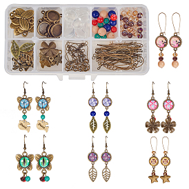 Fabrication de boucles d'oreilles Sunnyclue DIY, avec pendentifs en argent tibétain, Support connecteur à cabochon, Cabochons de verre transparent, perles de verre et épingles en fer