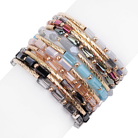 Colorful Glass Bead Crystal Bracelet with Gold Copper Curved Tube for Women
