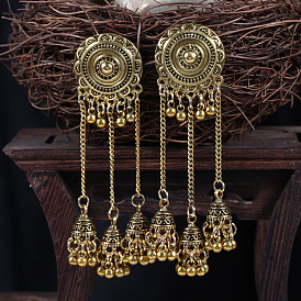 Bohemian Sunflower Earrings with Long Vintage Chain and Exotic Wind Chime Beads