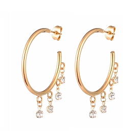 304 Stainless Steel Dangle Stud Earrings, Half Hoop Earrings, with Brass Rhinestone Charms and Ear Nuts