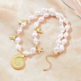 Colgante de concha de caracola de latón oceánico, delfín y tortuga, plástico ABS blanco, imitación de perlas keshi, collares de cuentas, sin plomo y cadmio, chapado en rack, larga duración plateado