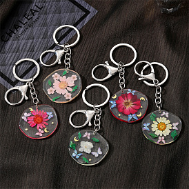 Porte-clés floral de charme rustique avec papillon, breloques étoile et lune - décoration fleurs séchées faites main