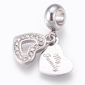 304 Stainless Steel European Dangle Charms, Large Hole Pendants, with Rhinestone, Heart with Word My Family