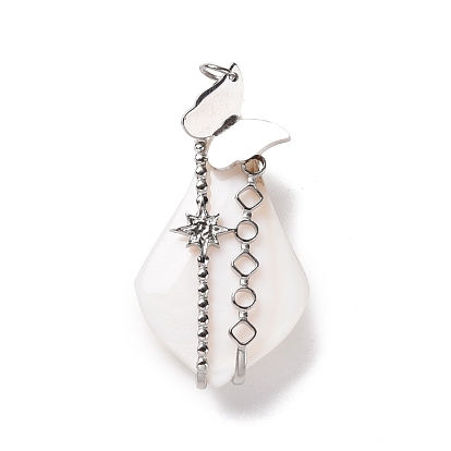 Natural White Shell Pendants, with Stainless Steel Color Plated 304 Stainless Steel Butterfly Findings, Teardrop