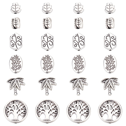 SUNNYCLUE 120Pcs 6 Style Tibetan Style Alloy Beads, Cadmium Free & Lead Free, Leaf  & tree