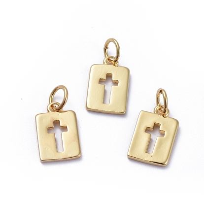 Brass Pendants, Cut-Out, Long-Lasting Plated, with Jump Rings, Rectangle with Cross