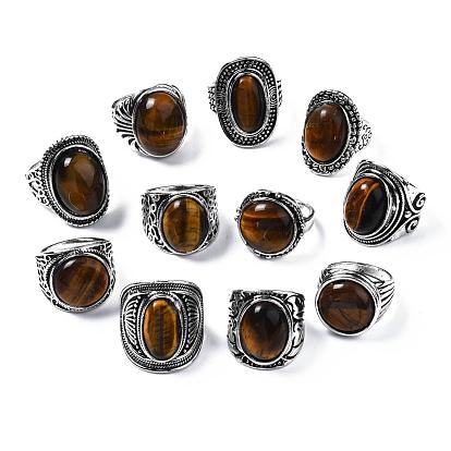 Natural Tiger Eye Rings, with Alloy Findings, Mixed Size, Mixed Shape, Antique Silver