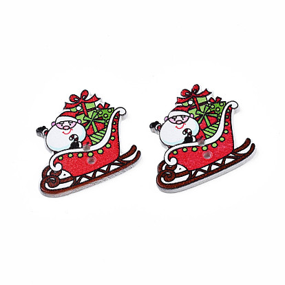 Christmas 2-Hole Spray Painted Maple Wooden Buttons, Single-Sided Printed, Sleigh with Santa Claus