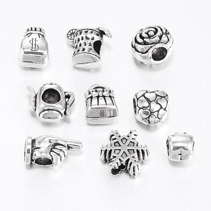 Mixed Shape Tibetan Style Alloy Large Hole European Beads, 11~16x8~13x7~8mm, Hole: 4.5~5mm, about 40pcs/100g
