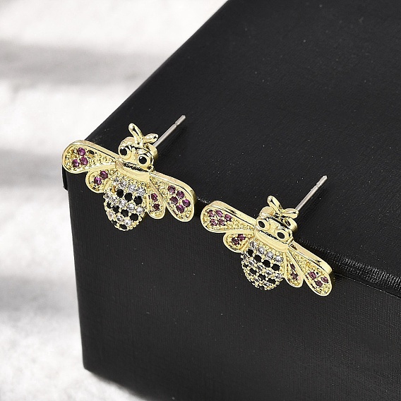 Серьги-гвоздики из латуни с разноцветными кубическими цирконами в виде пчел, без кадмия и без свинца, долговечный, стойки покрытие