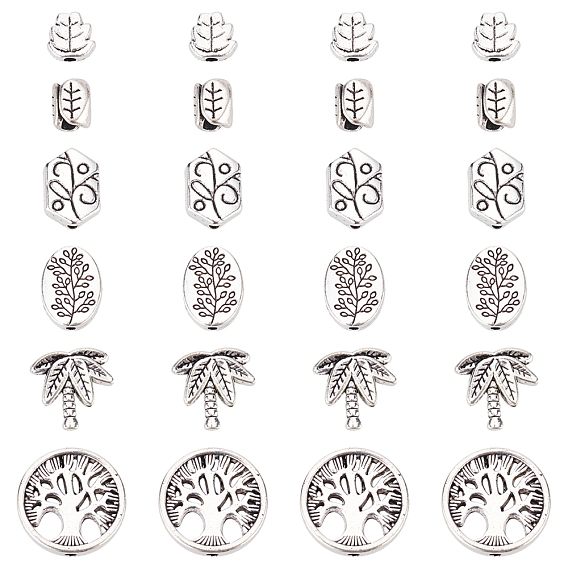 SUNNYCLUE 120Pcs 6 Style Tibetan Style Alloy Beads, Cadmium Free & Lead Free, Leaf  & tree