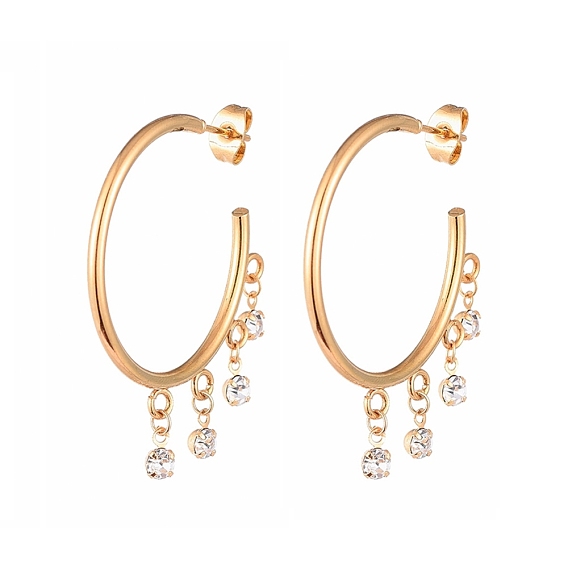 304 Stainless Steel Dangle Stud Earrings, Half Hoop Earrings, with Brass Rhinestone Charms and Ear Nuts