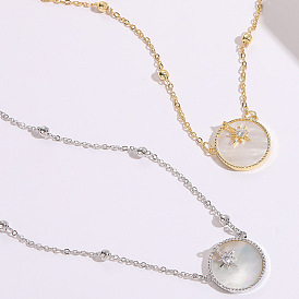 Six-pointed Star Shell Zircon Necklace with Geometric Circular Pendant and Satellite Chain, 14K Real Gold Collarbone Chain