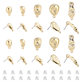 40Pcs 5 Style Alloy Stud Earring Findings, with Steel Pins and Loop, with 50Pcs Plastic Ear Nuts