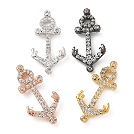 Rack Plating Brass Micro Pave Clear Cubic Zirconia Slide Charms, Long-Lasting Plated, Lead Free & Cadmium Free, Anchor