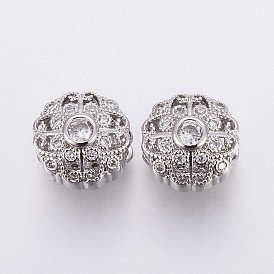 Brass Micro Pave Cubic Zirconia European Beads, Large Hole Beads, Flower, Clear