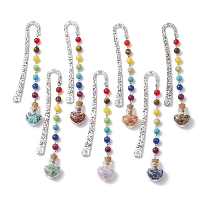 7Pcs Chakra Gemstone Bead & Heart Glass Wishing Bottle Pendant Bookmarks, Alloy Hook Bookmarks
