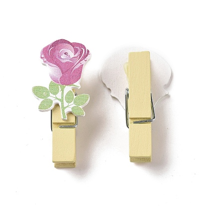 Flower Theme Wooden & Iron Clothes Pins, with Hemp Rope for Hanging Note, Photo, Clothes, Office School Supplies