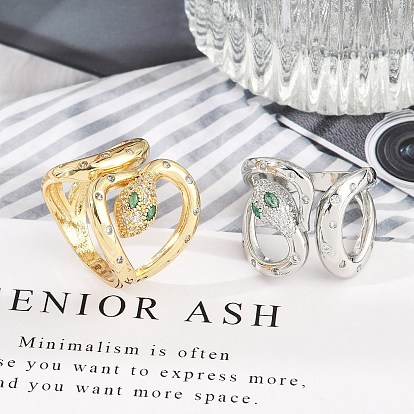 Кольца-манжеты из латуни с микропаве из прозрачного кубического циркония для женщин и мужчин, без кадмия и без свинца, змея