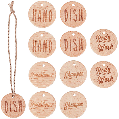 4Ensembles 2Styles Étiquette suspendue plate ronde en bois pour gel douche, avec corde de jute