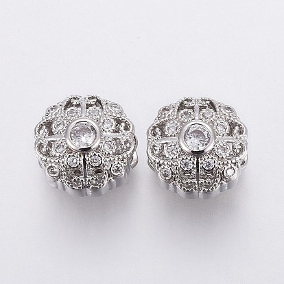 Brass Micro Pave Cubic Zirconia European Beads, Large Hole Beads, Flower, Clear
