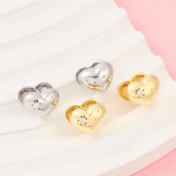 Серьги-кольца из латуни с прозрачным кубическим цирконием, сердце
