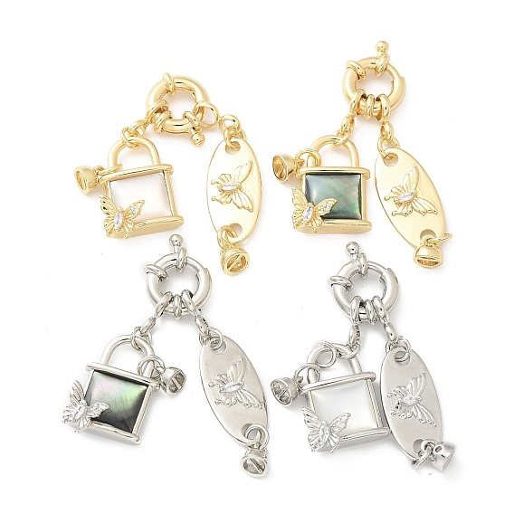 Латунные застежки с пружинным кольцом из прозрачного кубического циркония с микропаве, без кадмия, без никеля и без свинца, с натуральной ракушкой пауа/натуральной белой ракушкой, бабочка