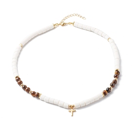 Natural Grade AB Tiger Eye Beads Beaded Necklaces, with Brass Cross Pendant and Handmade Polymer Clay Beads