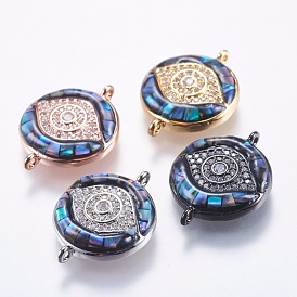 Brass Micro Pave Cubic Zirconia Links, with Abalone Shell/Paua Shell, Evil Eye
