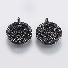 Brass Micro Pave Cubic Zirconia Charms, Flat Round, Black