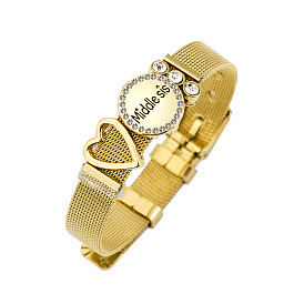 Stainless Steel Bracelet with Diamond-Set Heart Letter Middle Sis Bracelet