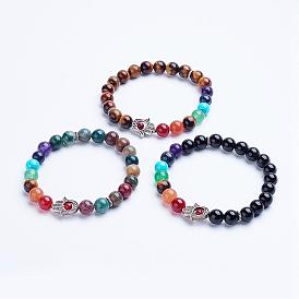 Natural Gemstone Beaded Stretch Bracelets, with Alloy Spacer Beads, Hamsa Hand/Hand of Fatima/Hand of Miriam