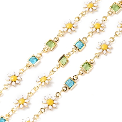 Enamel Flower & Glass Square Link Chains, with Real 18K Gold Plated Brass Findings, Soldered, with Spools, Cadmium Free & Lead Free