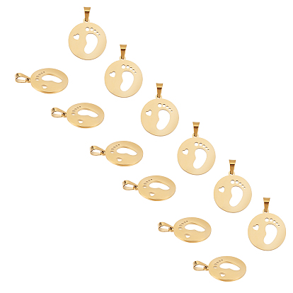 304 Stainless Steel Pendants, Laser Cut, Hollow, Flat Round with Baby 
Footprint & Heart