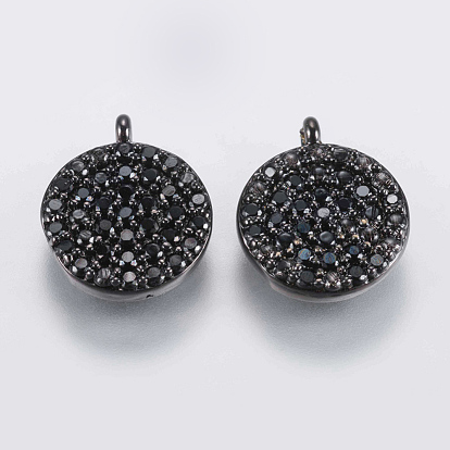 Brass Micro Pave Cubic Zirconia Charms, Flat Round, Black
