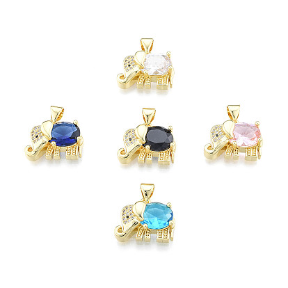 Brass Micro Pave Clear Cubic Zirconia Pendants, with Glass, Nickel Free, Real 18K Gold Plated, Elephant