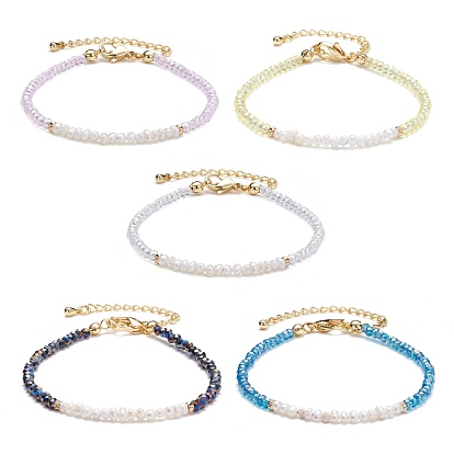Natural Pearl & Faceted Glass Beaded Bracelet for Teen Girl Women, Golden