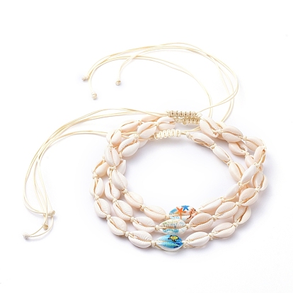 Adjustable Printed Cowrie Shell Braided Beaded Necklaces, with Korean Waxed Polyester Cord
