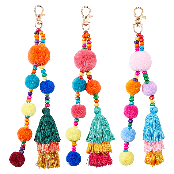 3шт. 3 цвета полиэстер помпоны кисточки подвески украшения, с металлическими застежками и деревянными бусинами, для украшения сумки