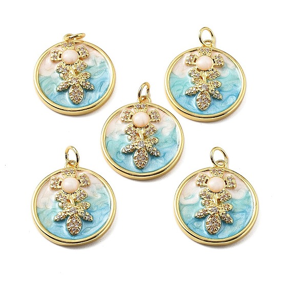 Подвески из латуни микропаве с фианитами и эмалью, плоские круглые с цветком, стойки покрытие, долговечный, без свинца и без кадмия, с целью перехода в кольце